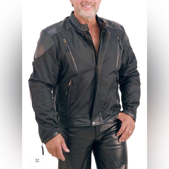 Mens Leather Nylon Motorcycle Riding Jacket Size 54 2X Black Harley Patches - Picture 2 of 16